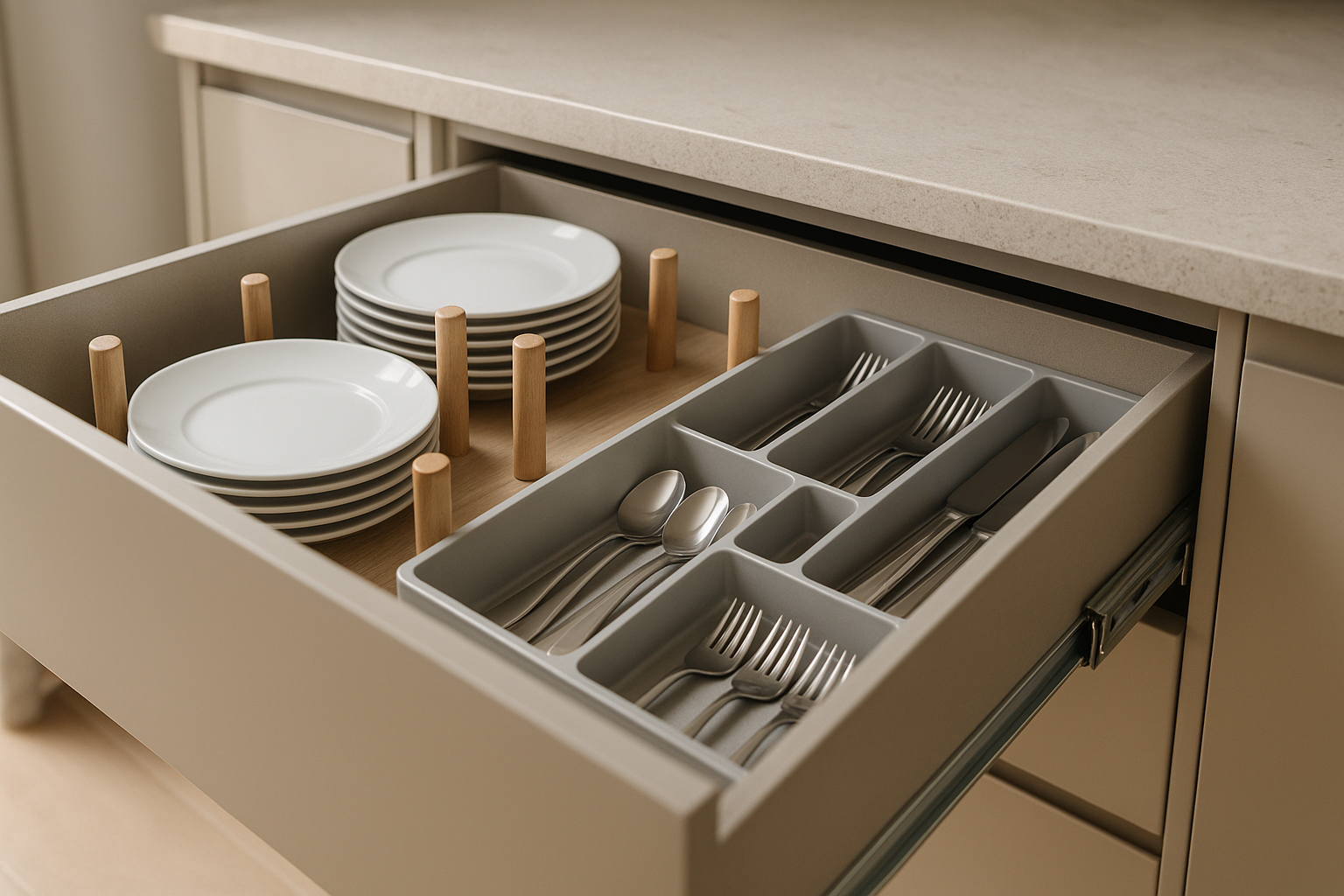 Deep kitchen drawers with organised inserts for plates and utensils