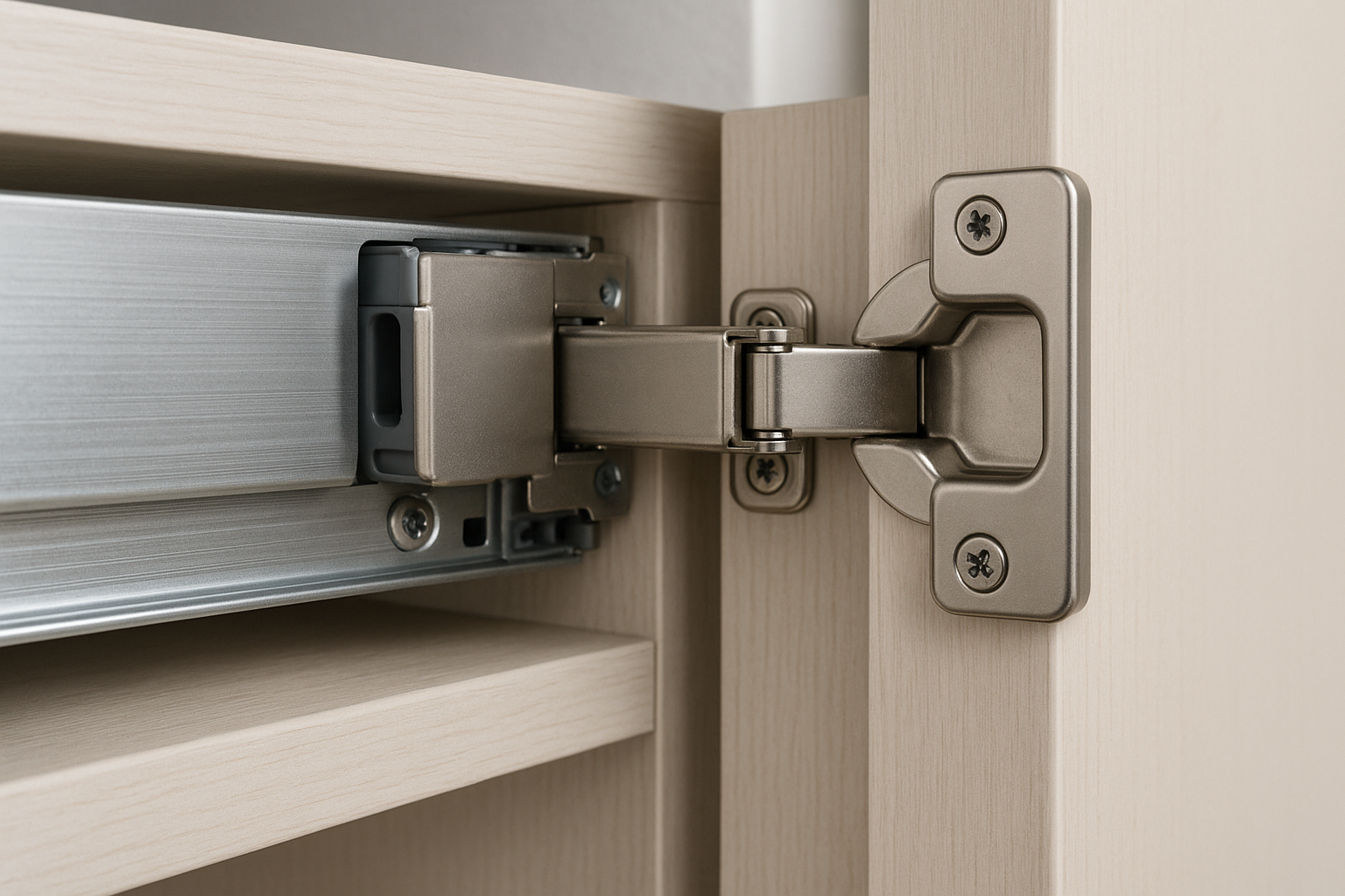Close-up of soft-close drawer hardware in a modern kitchen