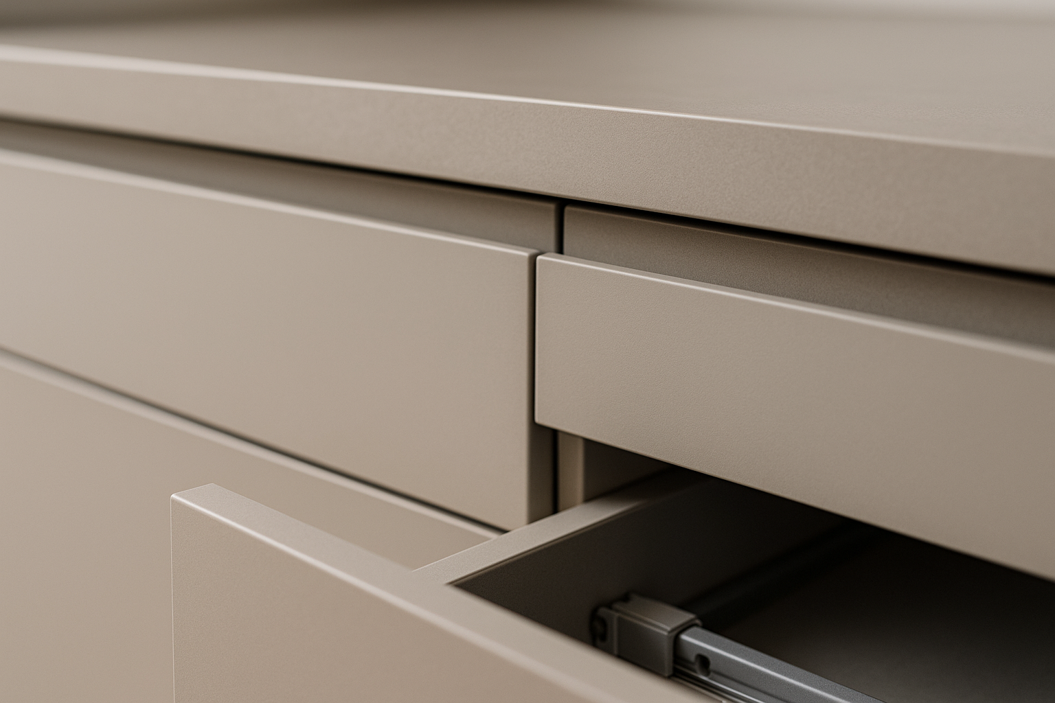 Close-up of handleless kitchen cabinet design with clean lines and soft-close hardware