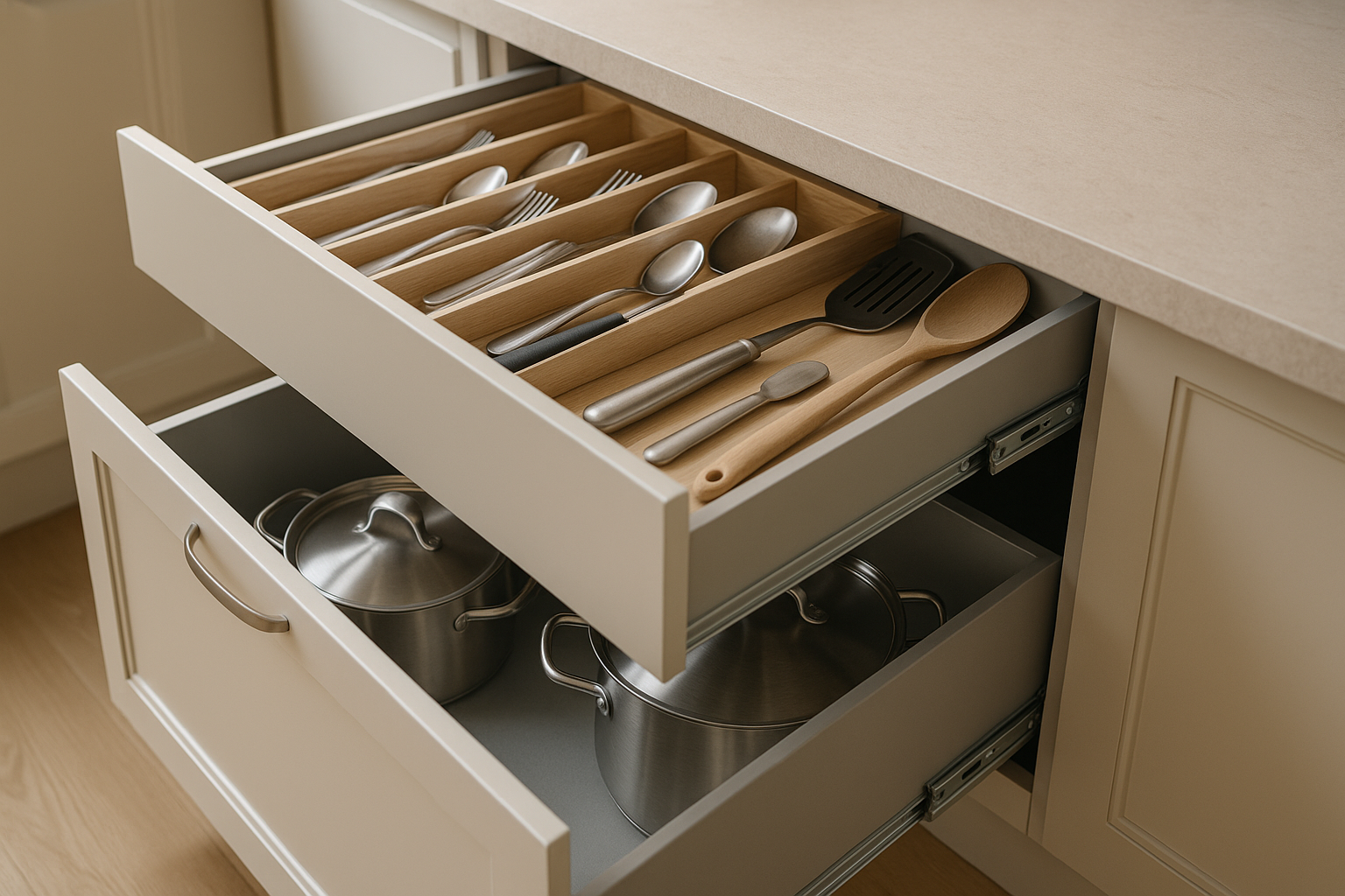 Deep kitchen drawers with organised inserts for practical storage