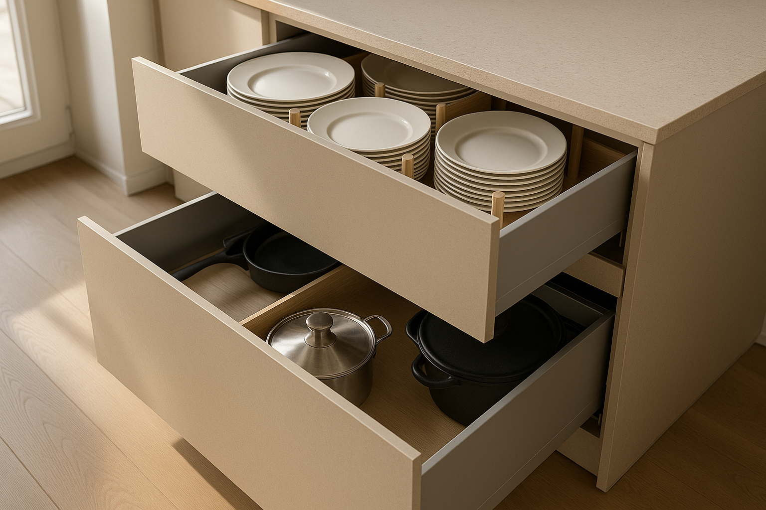 Deep kitchen drawers with organised storage and soft-close hardware
