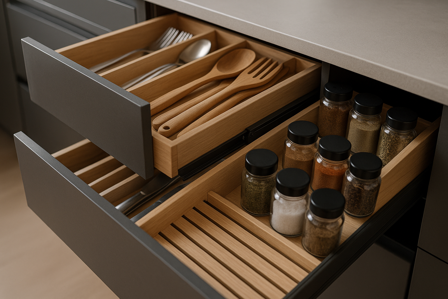 Soft-close kitchen drawers with practical storage organisers