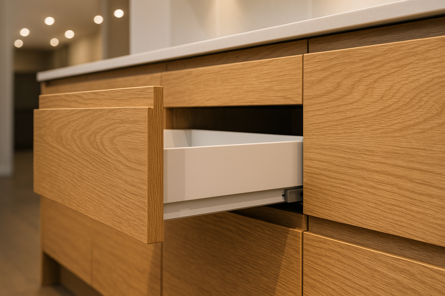 Close-up of premium kitchen cabinet display with handleless drawers