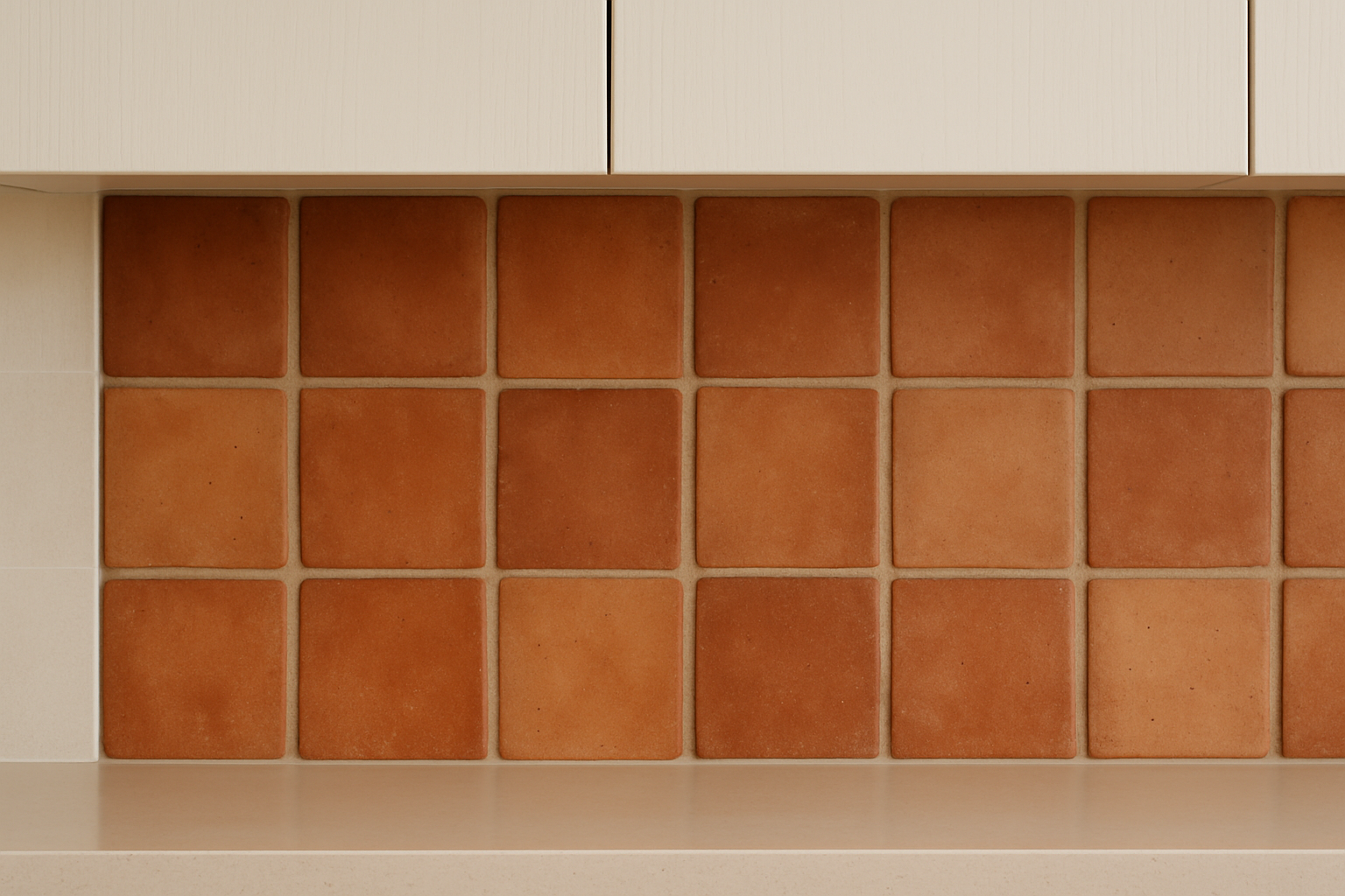 Detail of terracotta tiles as a splash back in a pale-toned kitchen.