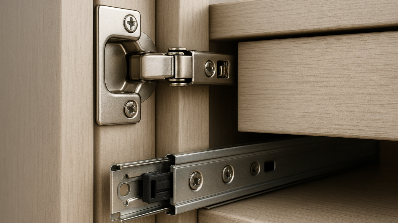 Close-up of soft-close kitchen hinge and drawer runner
