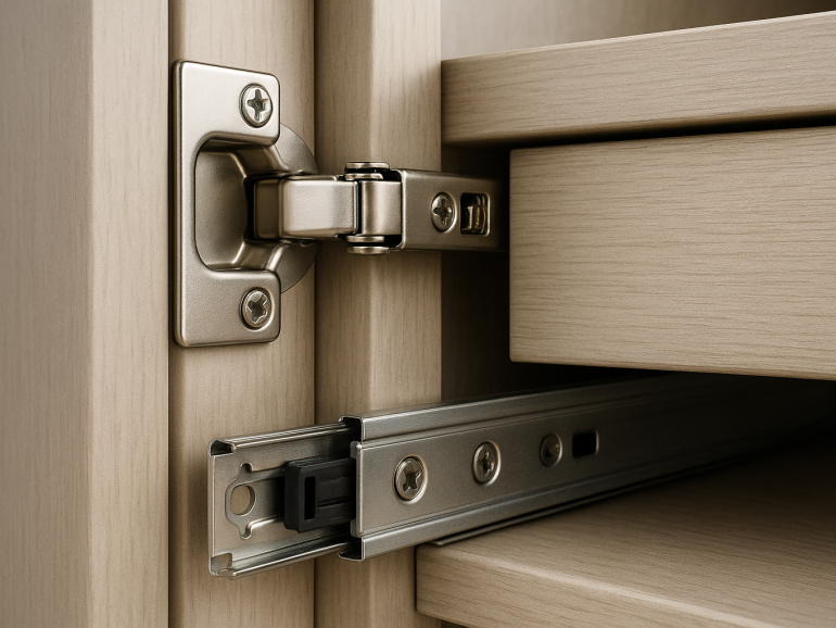 Close-up of soft-close kitchen hinge and drawer runner