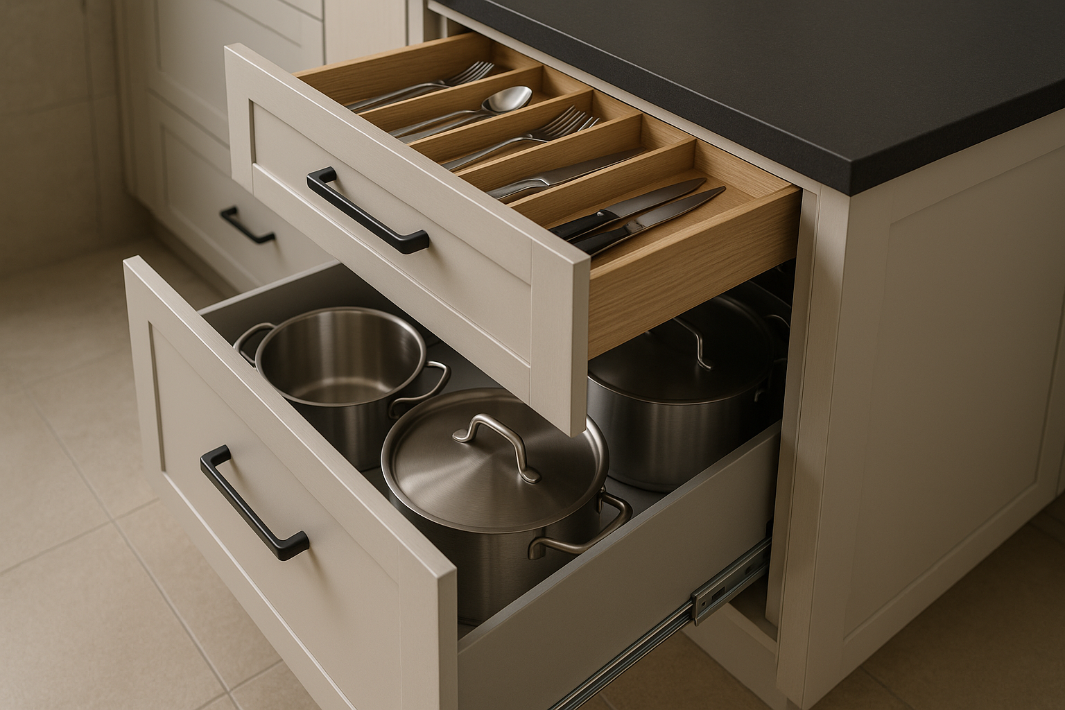 Deep kitchen drawers with organised inserts and soft-close hardware