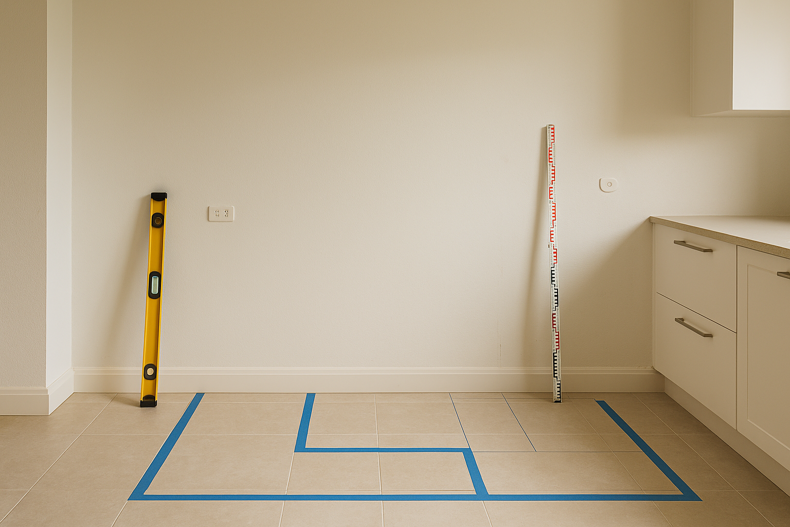 Cabinet set-out for a DIY kitchen renovation using tape lines and a spirit level