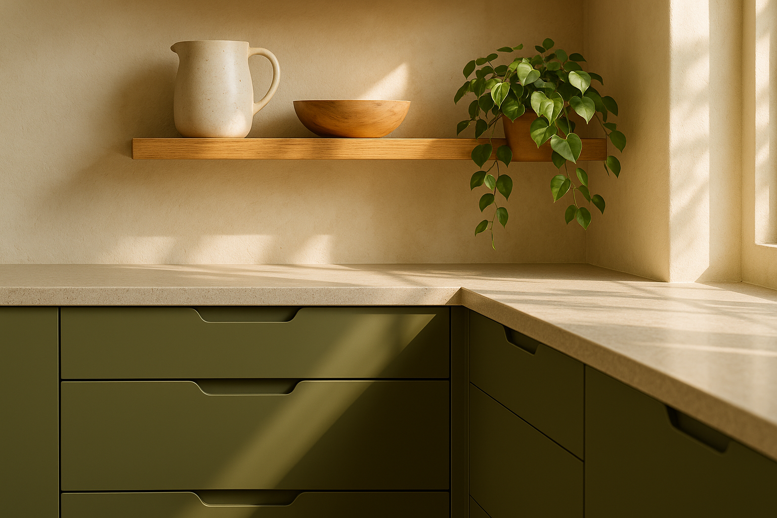 Olive green cabinetry and timber shelving in a 2026 kitchen