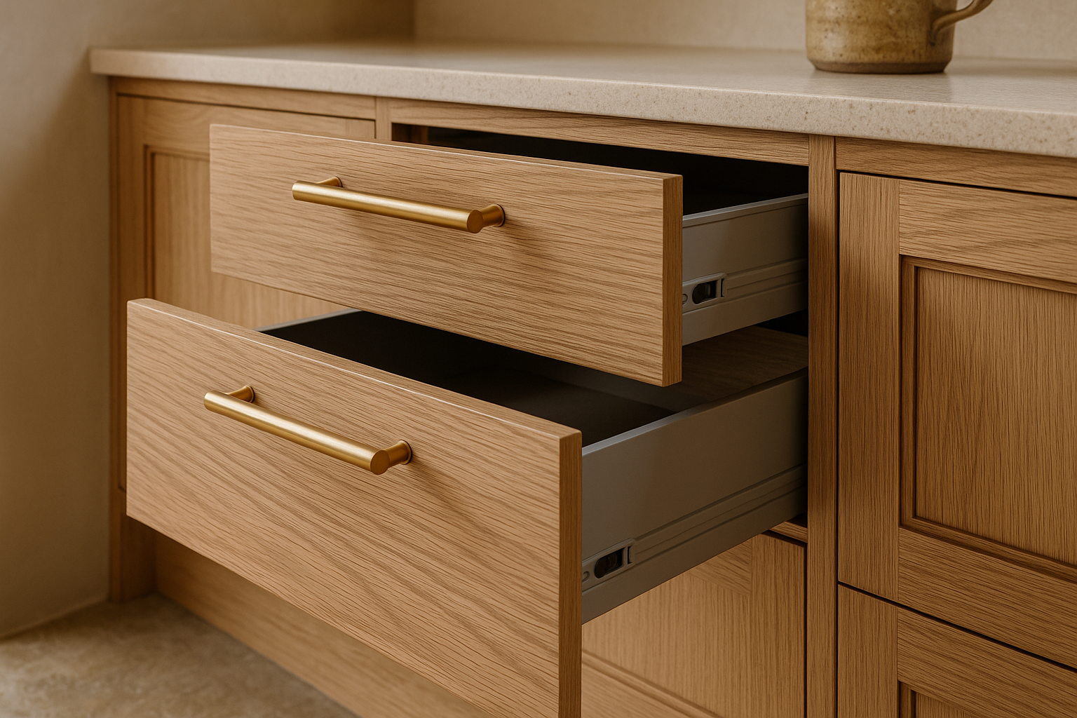 Close-up of kitchen cabinetry hardware and finishes