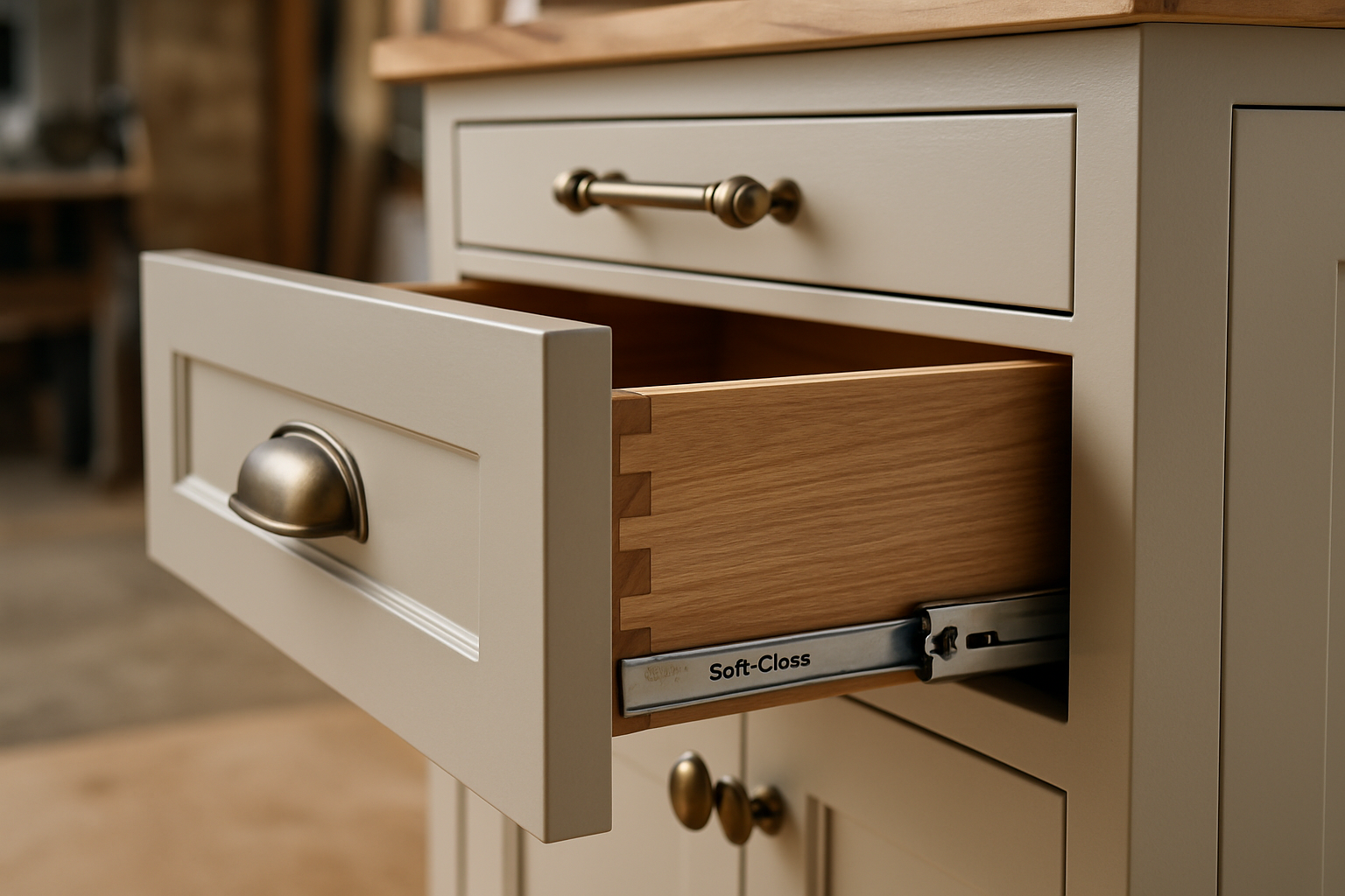 Close-up of kitchen cabinetry hardware and drawers in a workshop
