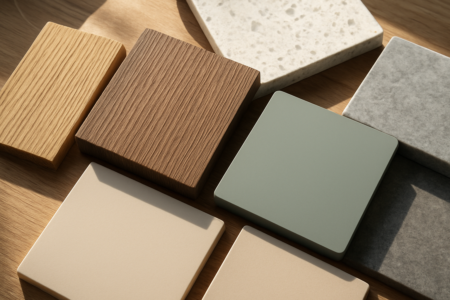 Samples of kitchen joinery materials popular in 2026 including timber veneer and matte laminate