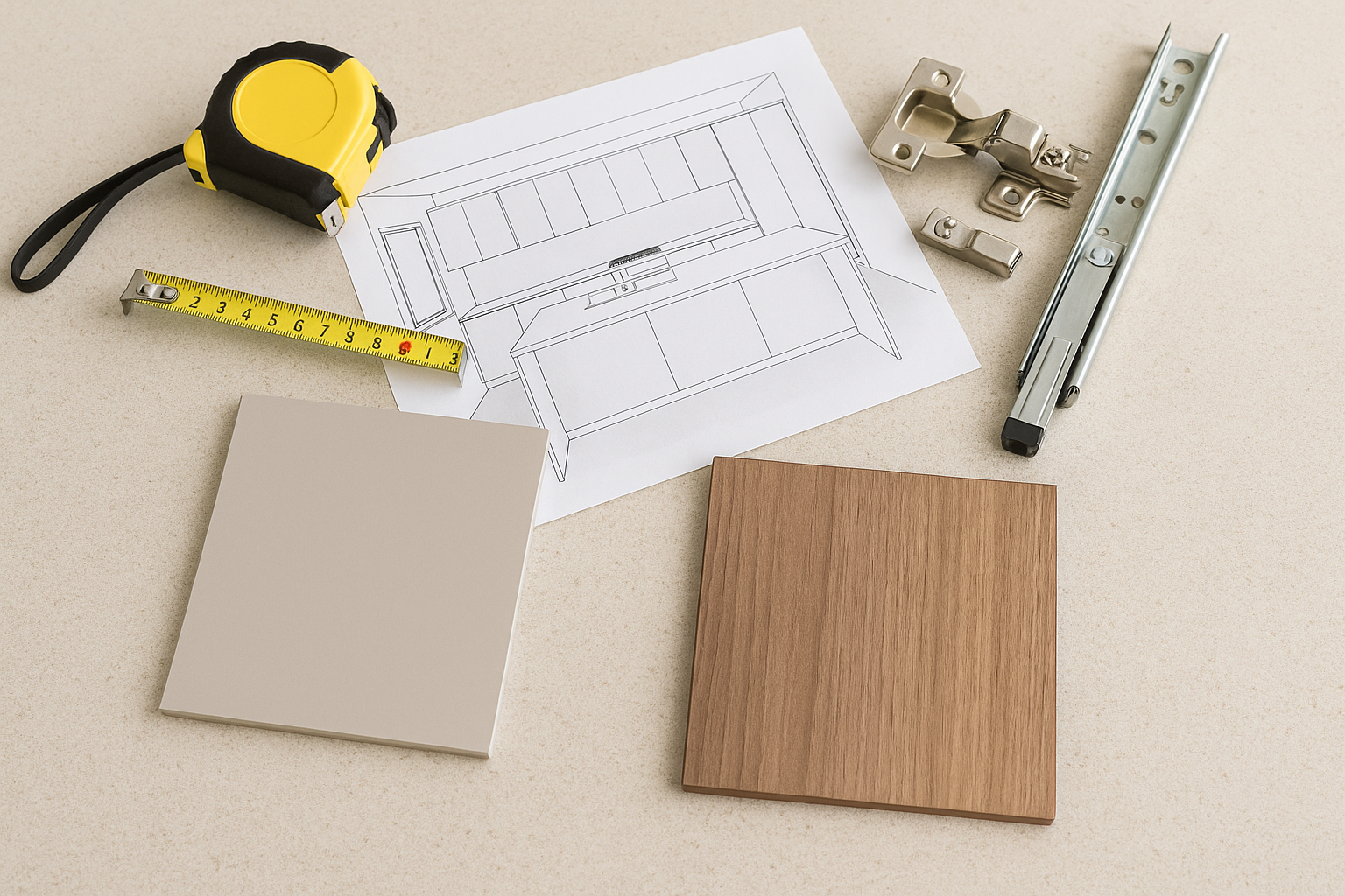 Kitchen plan with cabinet finish and hardware samples for renovation planning