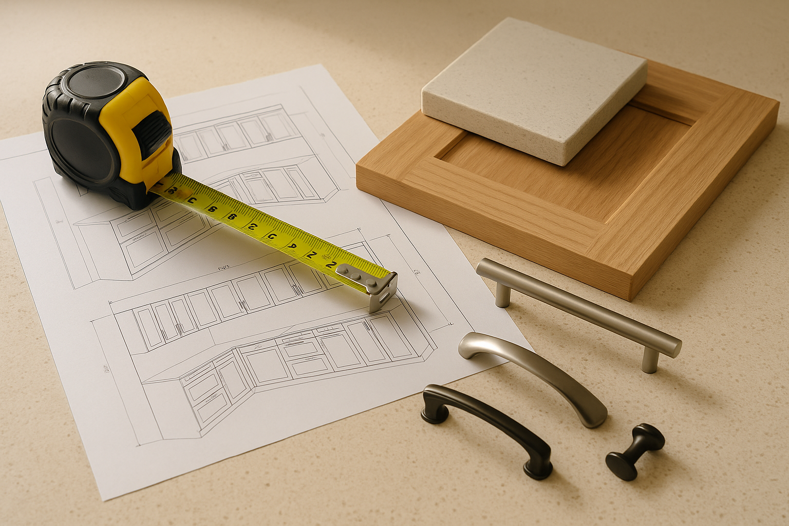 Kitchen renovation planning with drawings, tape measure, and finish samples