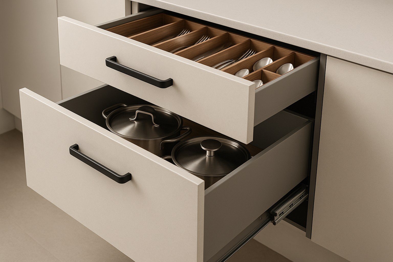 Deep kitchen drawers with internal organisers and soft-close hardware