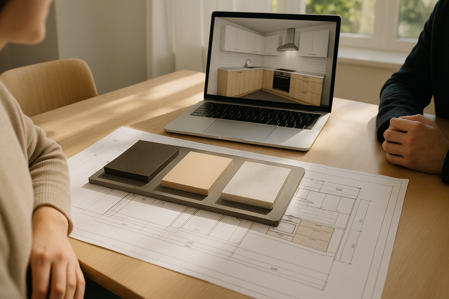 Kitchen design plans and finish samples during a design consultation