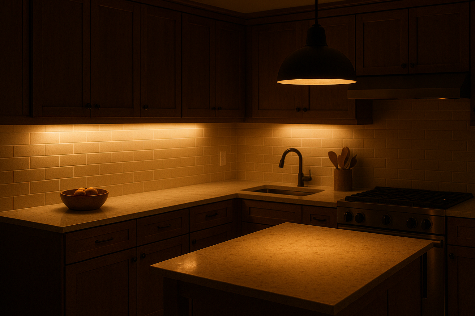 Under-cabinet task lighting and pendant light over a kitchen island