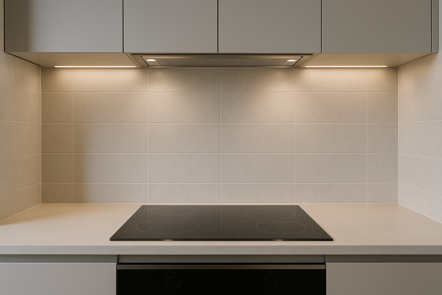 Modern kitchen display showing splashback, cooktop and under-cabinet task lighting