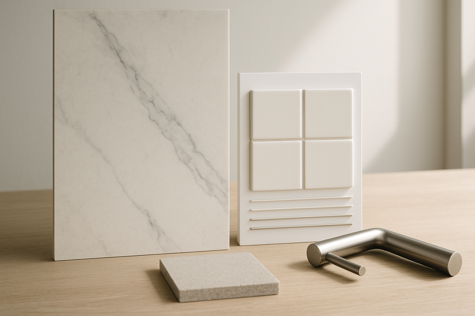 Kitchen splashback and benchtop samples in neutral tones