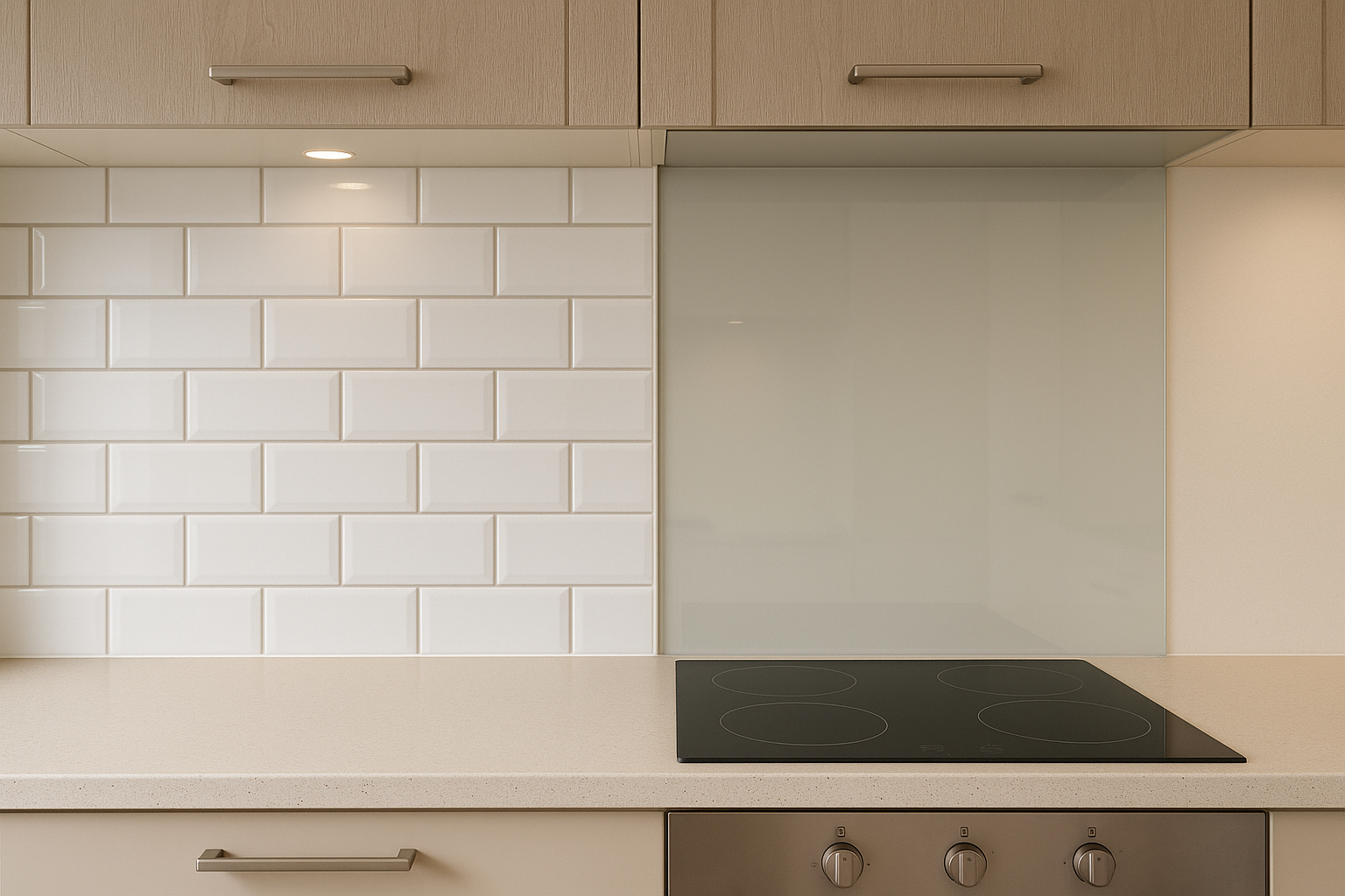 Two practical splashback options behind a cooktop: tiled and glass styles