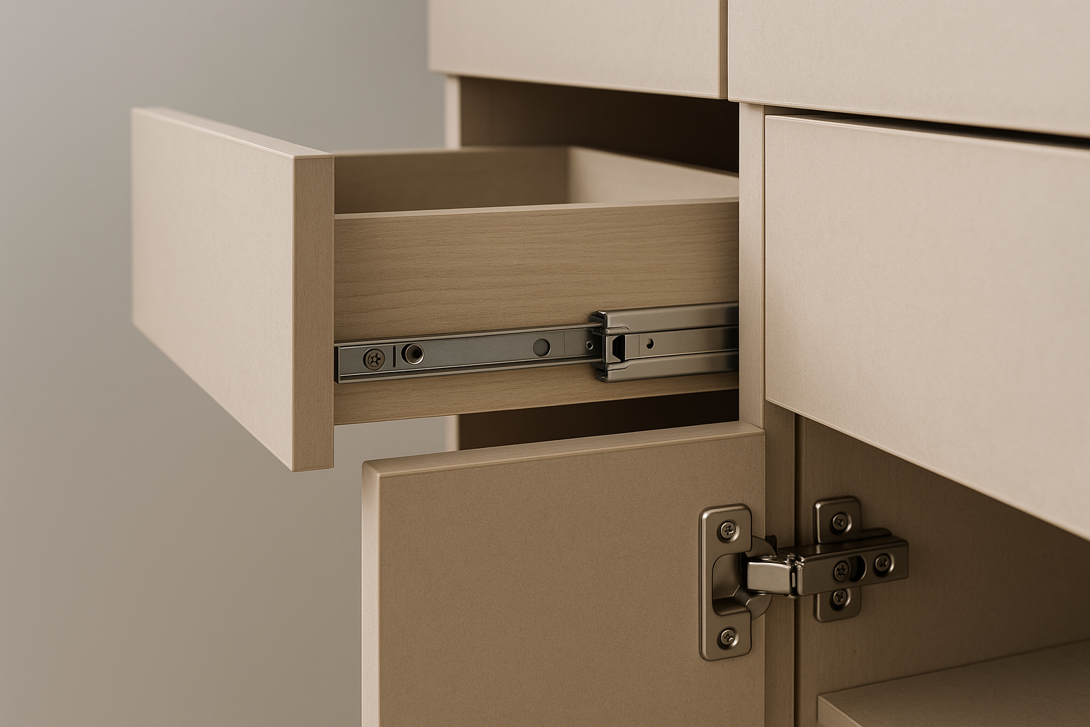 Close-up of soft-close kitchen drawer hardware and cabinet finish detail