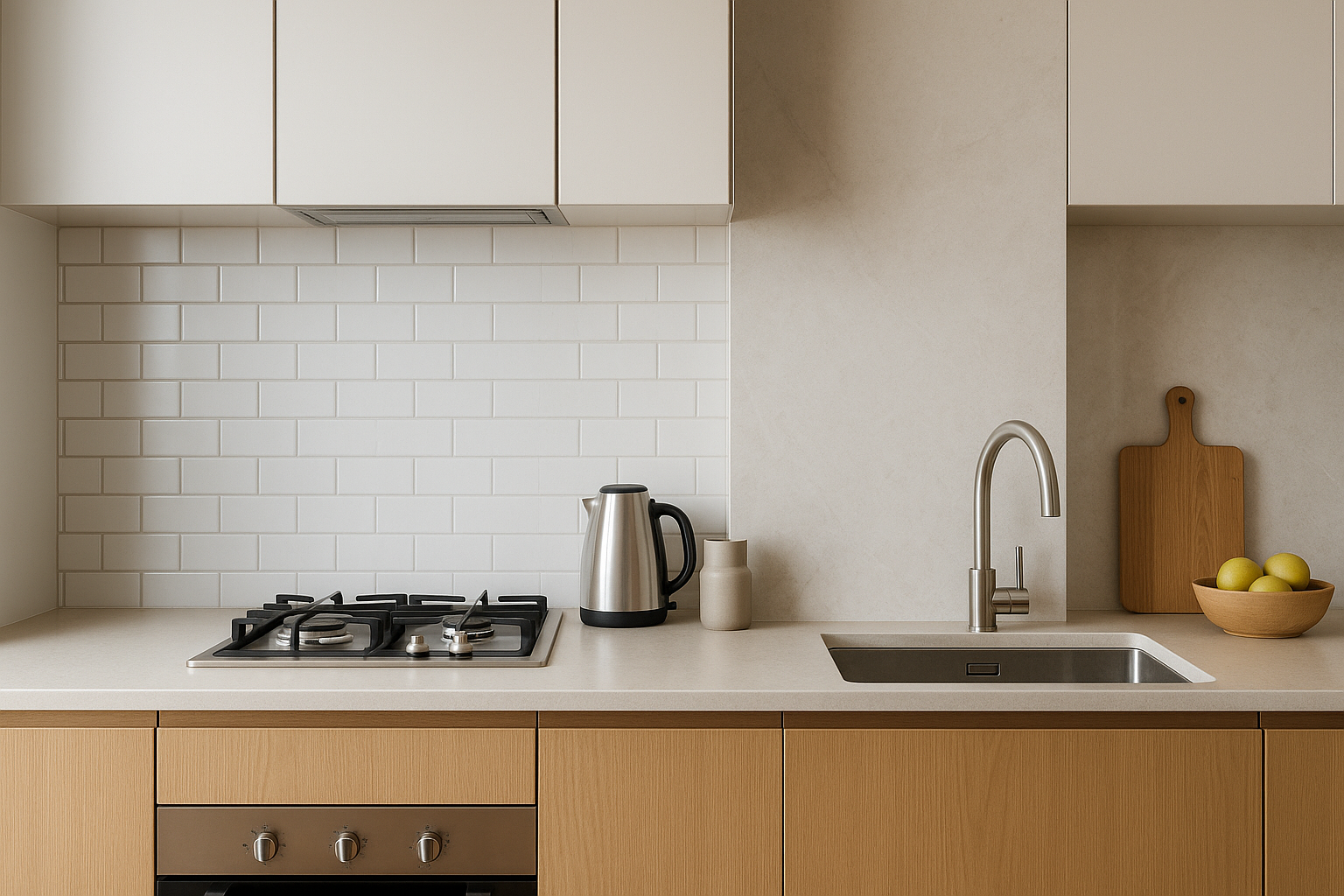 Kitchen splashback options shown with tiles and a full-height smooth splashback finish