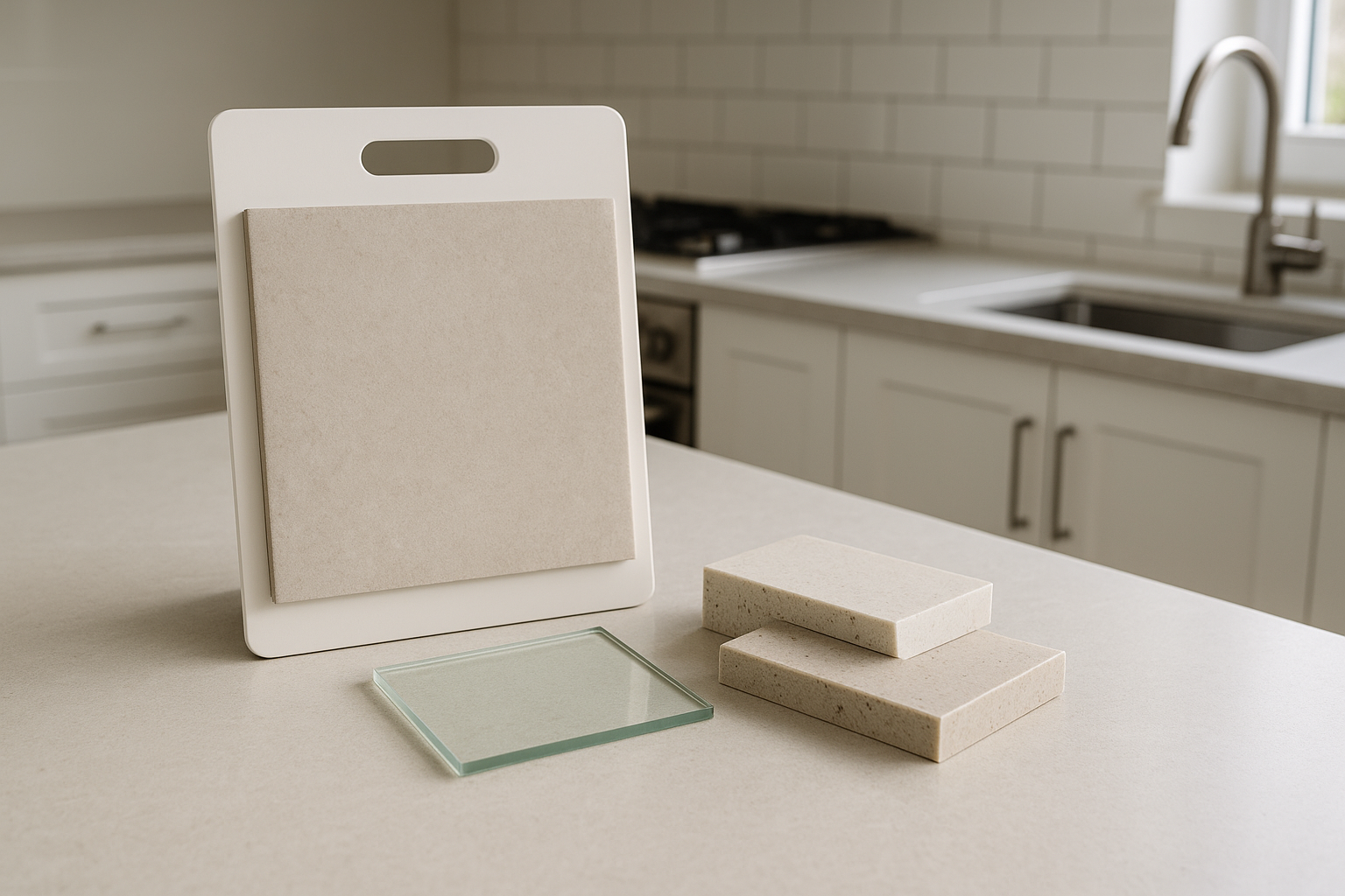 Kitchen splashback and benchtop samples laid out for selecting finishes
