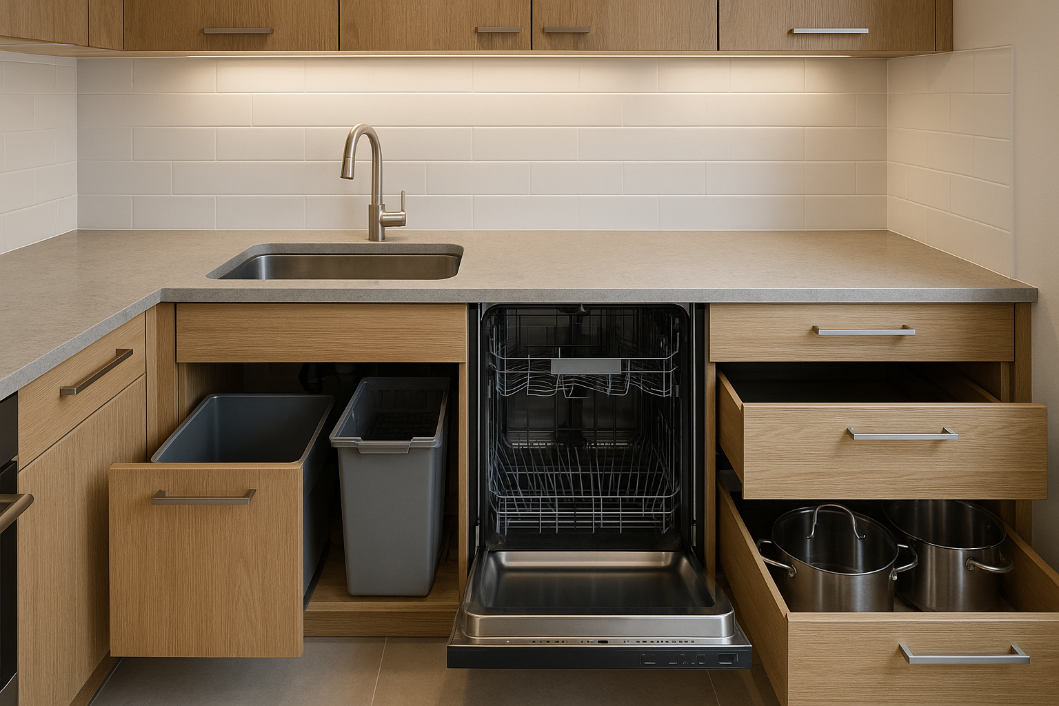 Kitchen clean-up zone with sink, dishwasher and pull-out bins placed for easy workflow