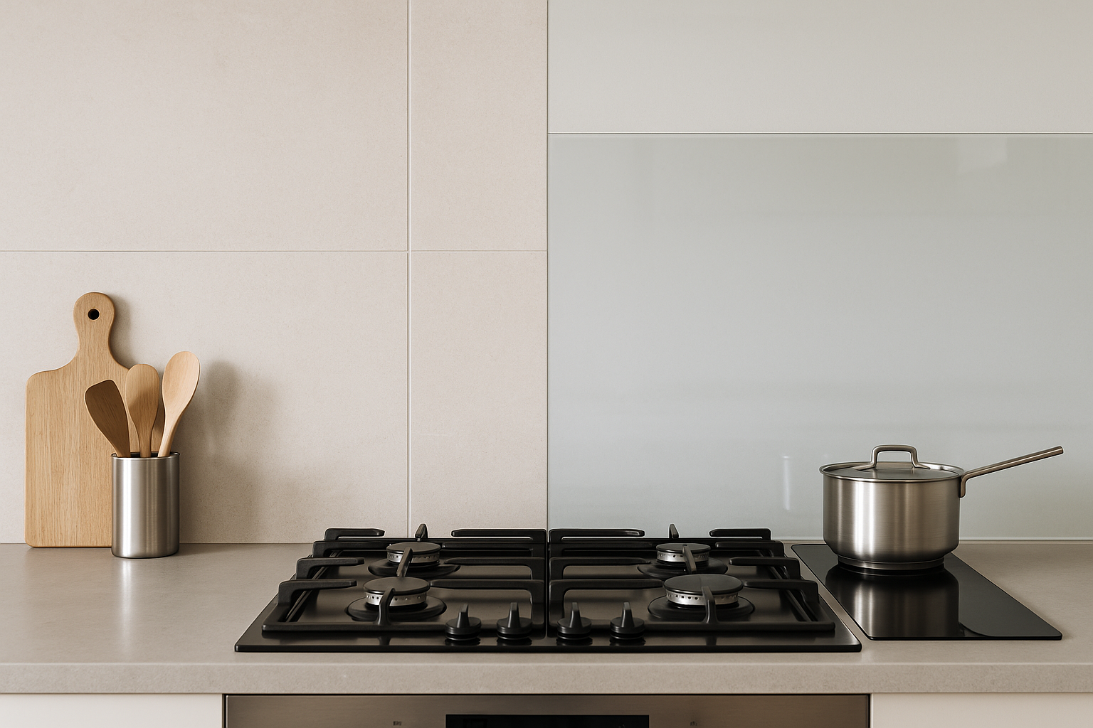 Kitchen splashback surfaces with minimal grout for easier cleaning