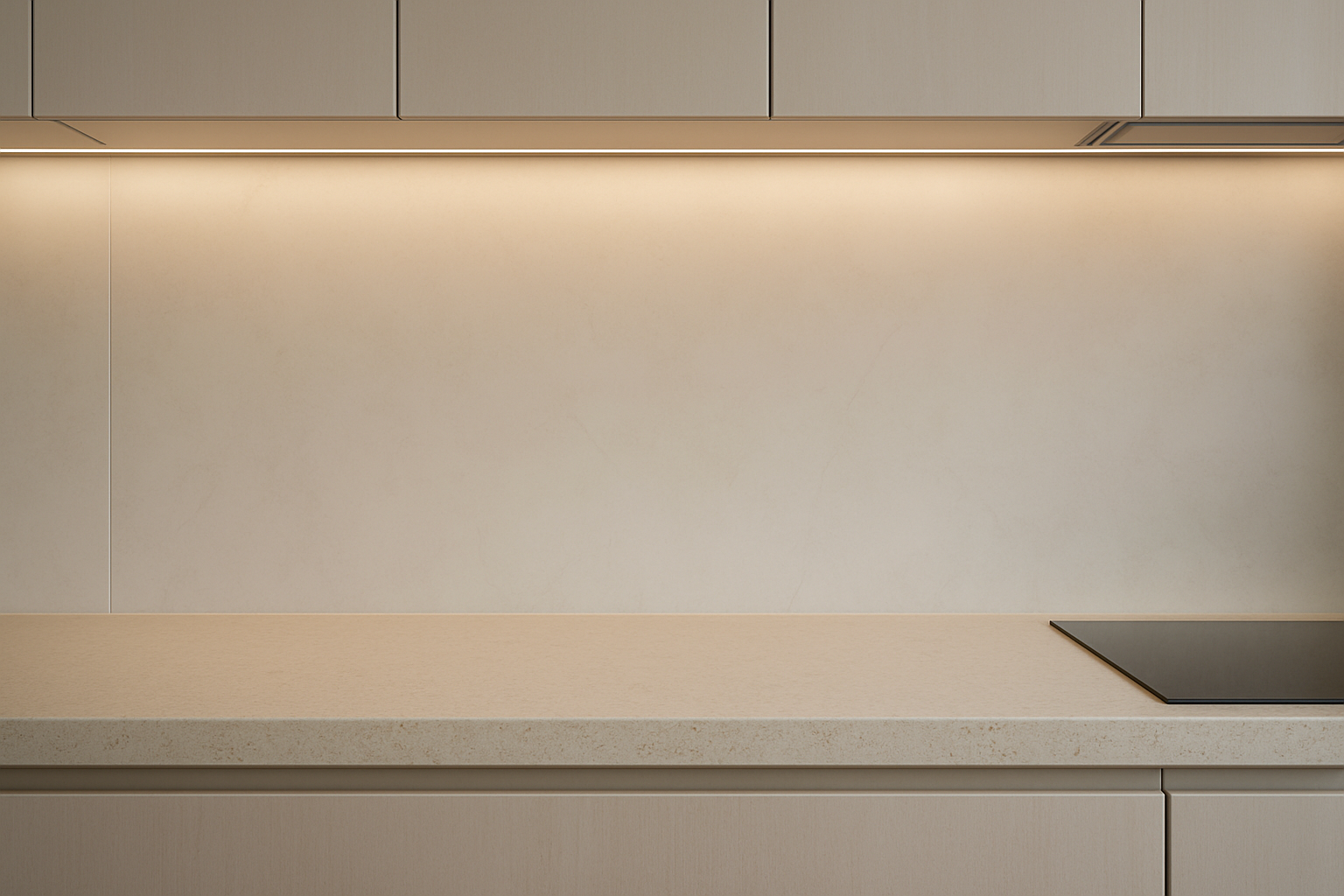 Minimalist splashback with large-format surface and under-cabinet lighting
