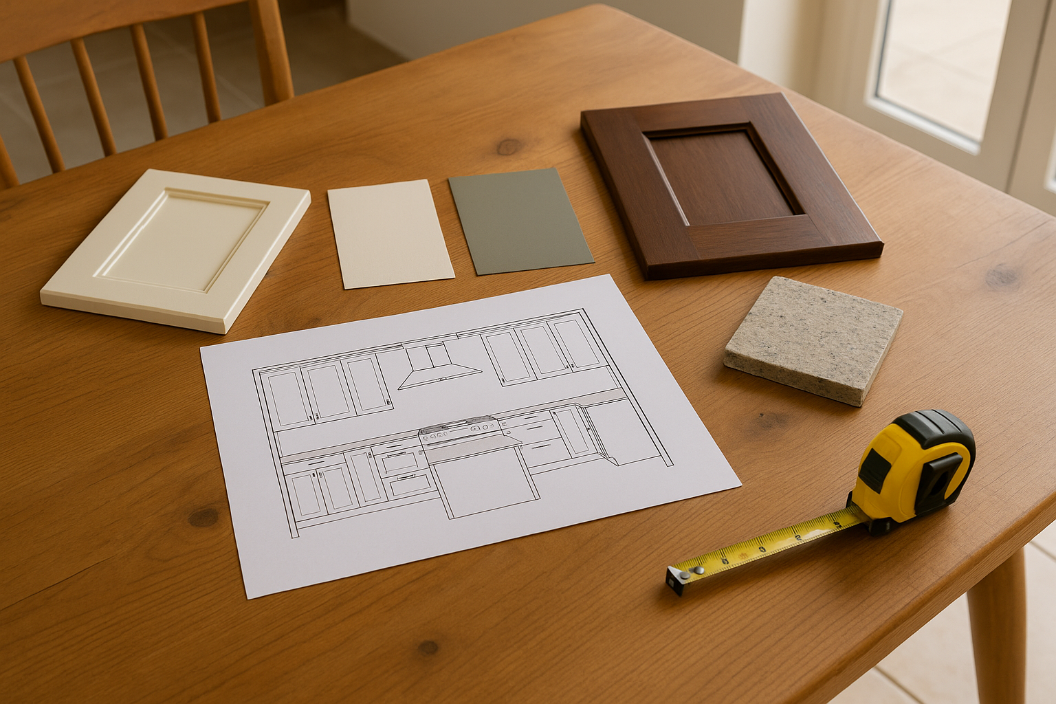 Kitchen planning with layout plan and finish samples on a table
