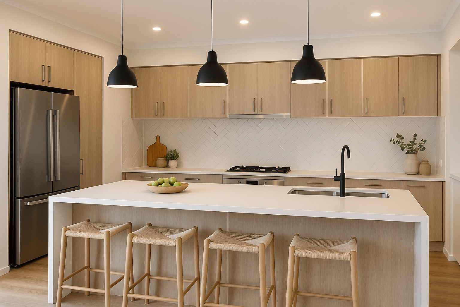 Display home kitchen with modern island, pendant lighting, and splashback