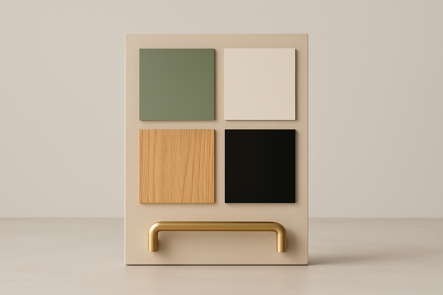 Sample board showing 2026 kitchen colours: green, white, oak, black, brass.