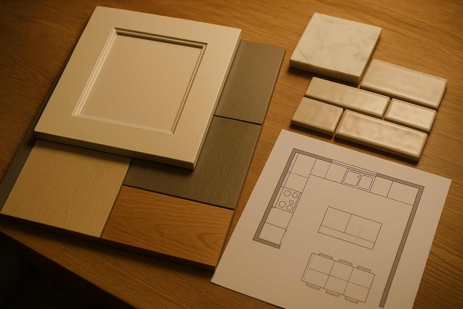 Kitchen design samples and plan laid out for finish selection