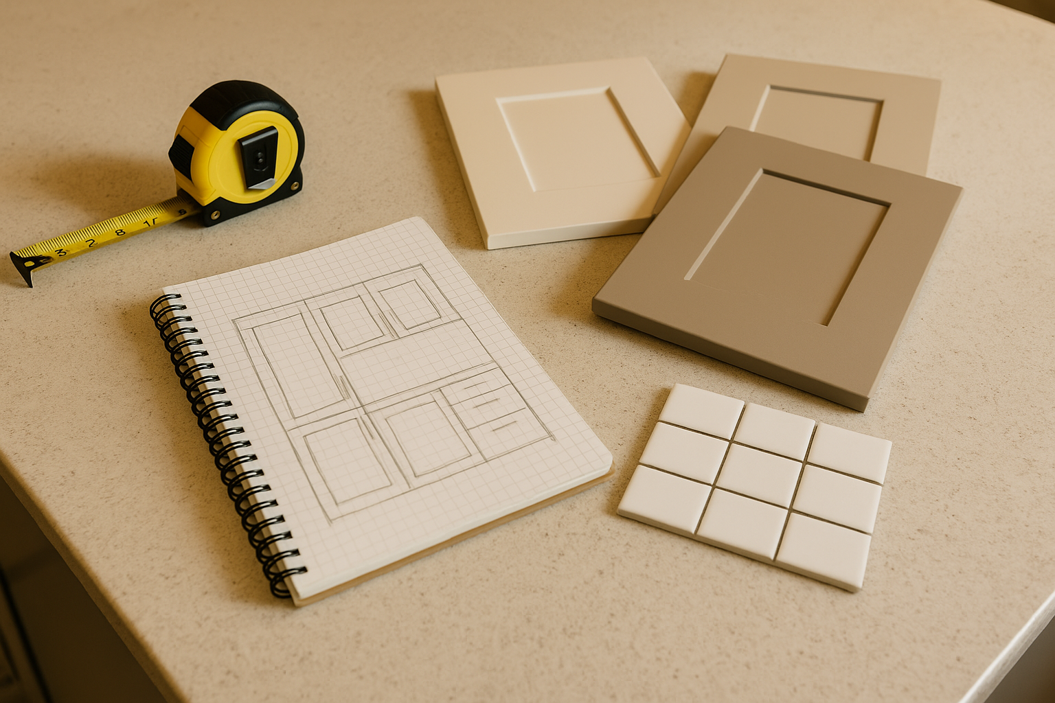 Kitchen renovation planning with tape measure and cabinet finish samples