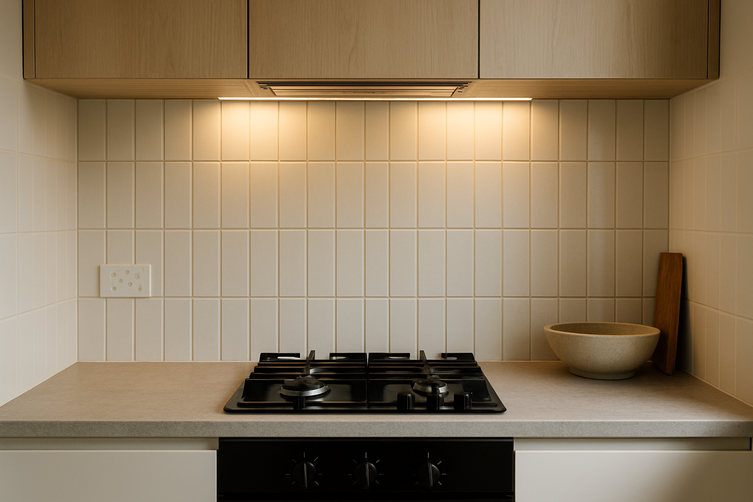 Kitchen splashback with under-cabinet task lighting over the benchtop