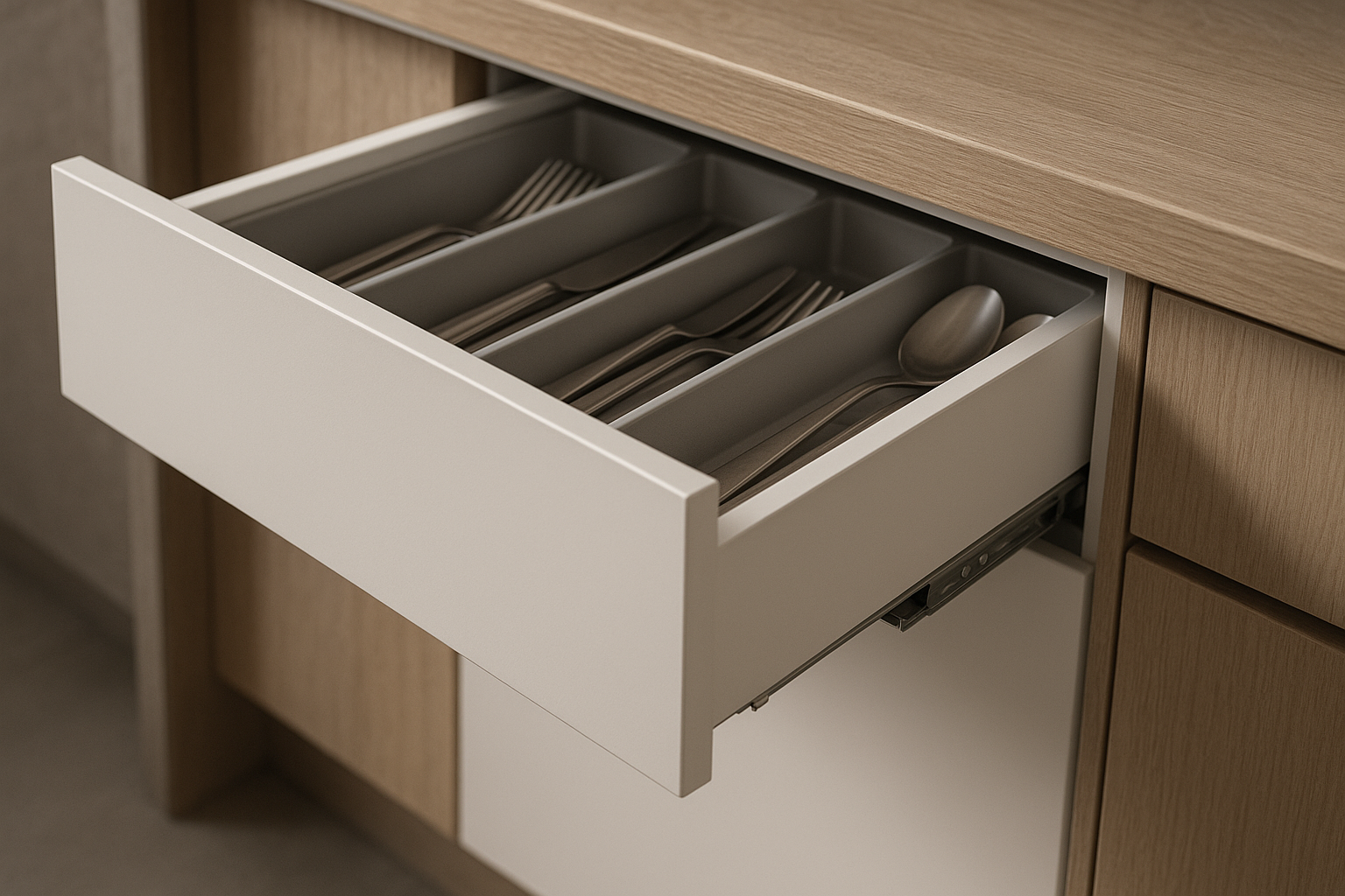 Soft-close drawer runners and organised storage inside a kitchen cabinet