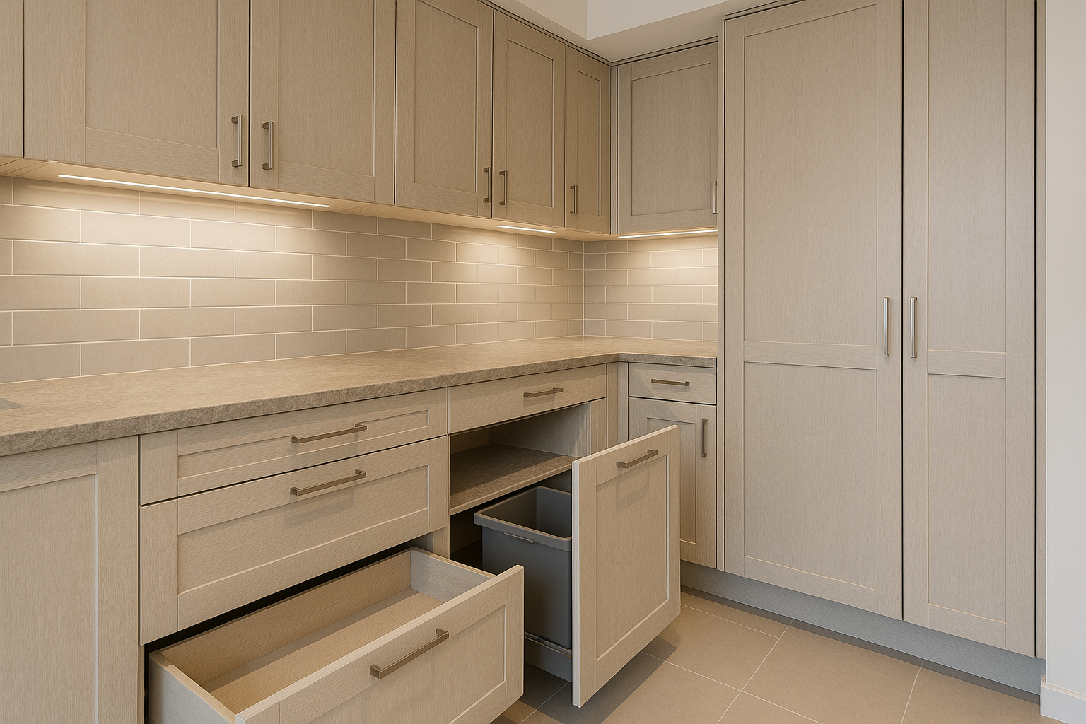 Practical kitchen storage with deep drawers, pull-out bin and full-height pantry