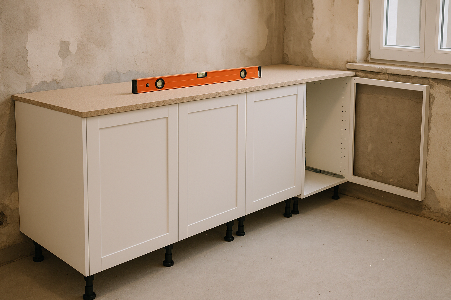 Base cabinets being levelled during kitchen installation